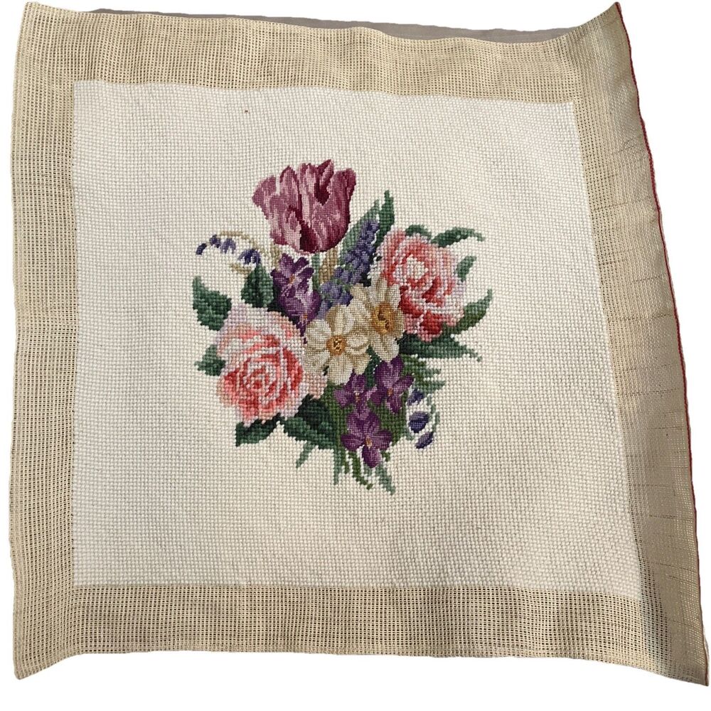 Vtg Finished Decorator Needlepoint Canvas Floral Bouquet Design Chair Cover